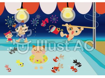 ねこの夏祭り 金魚すくいイラスト No 無料イラストなら イラストac