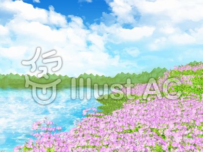 サクラソウの丘と湖イラスト No 無料イラストなら イラストac